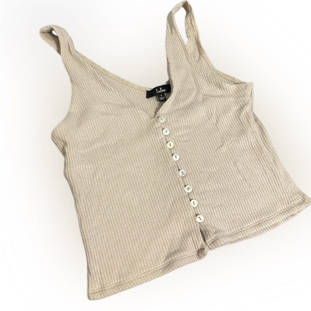 Lulu's Beige Ribbed Button-Down Crop Top - Picture 2 of 5